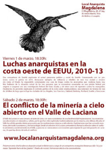 Charlas – Luchas anarquistas en EEUU y conflicto en el Valle de Laciana (1 y 2 de Marzo)‏