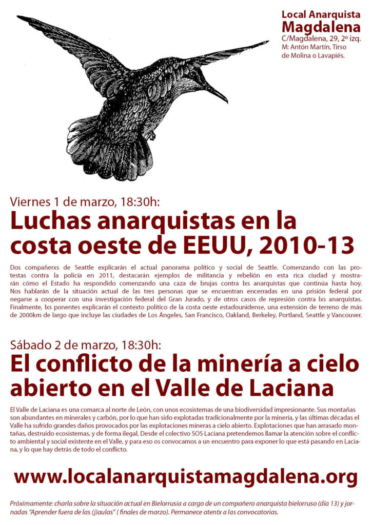 Charlas – Luchas anarquistas en EEUU y conflicto en el Valle de Laciana (1 y 2 de Marzo)‏