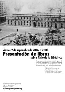 Presentación de libros sobre Chile de la biblioteca. Viernes 2 de septiembre de 2016, 19:30h