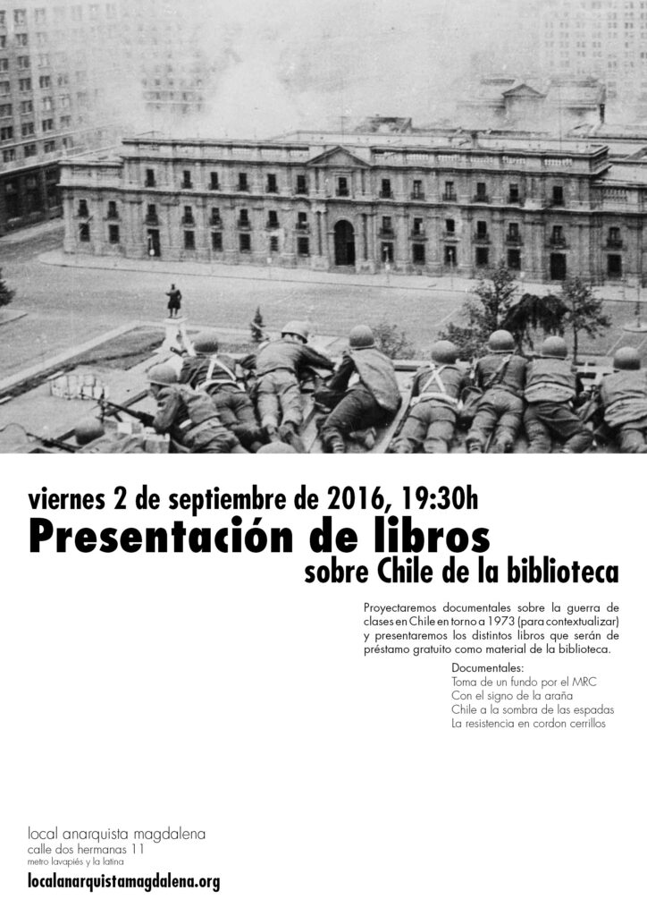 Presentación de libros sobre Chile de la biblioteca. Viernes 2 de septiembre de 2016, 19:30h