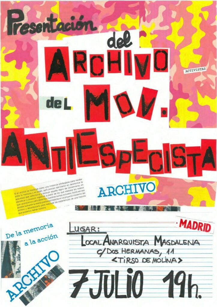 Presentación del archivo del movimiento antiespecista. Viernes 7 de julio, 19h. Local Anarquista Magdalena