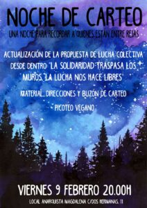 Noche de carteo. Una noche para recordar a quienes están entre rejas. Viernes 9 de febrero, 20h.