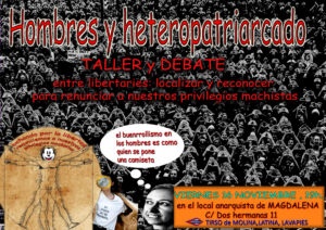 Taller y debate: hombres y heteropatriarcado. Viernes 16 de noviembre, 19h.