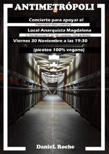Presentación disco y poemario: Antimetropoli de Daniel Roche. Viernes 30 de noviembre, 19:30