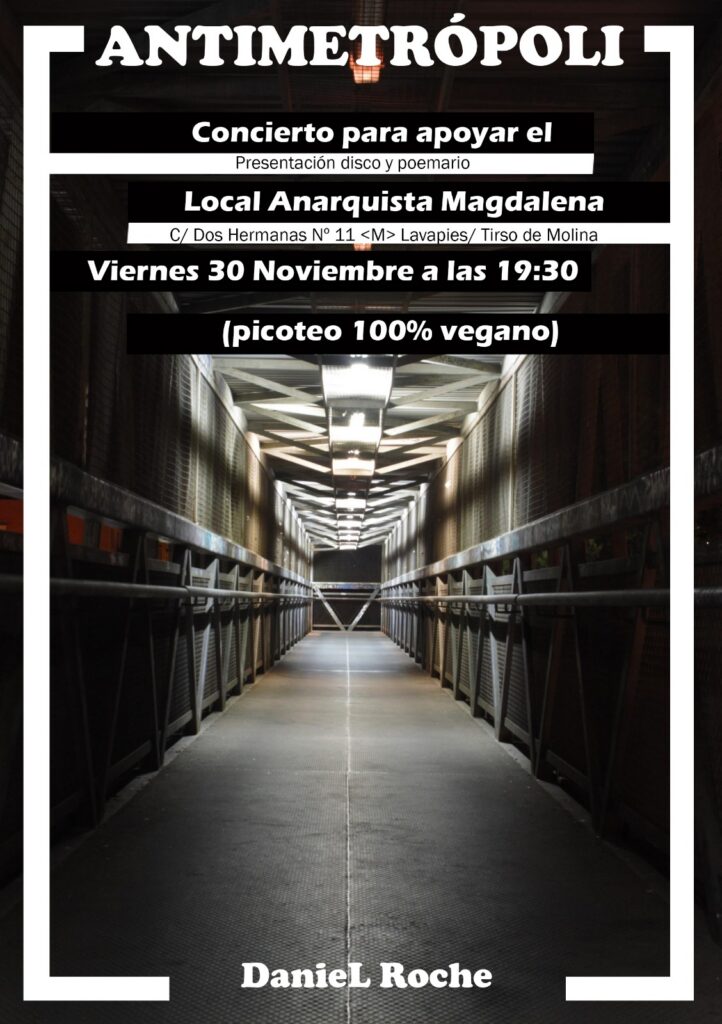 Presentación disco y poemario: Antimetropoli de Daniel Roche. Viernes 30 de noviembre, 19:30