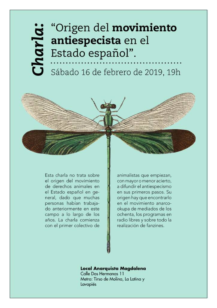Charla: “Origen del movimiento antiespecista en el Estado español”.