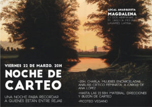Noche de carteo. Una noche para recordar a quienes están entre rejas. 22 de marzo, 20h.