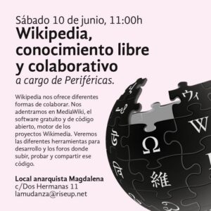Sábado 10 de junio, 11:00h, charla:“Wikipedia, conocimiento libre y colaborativo”
