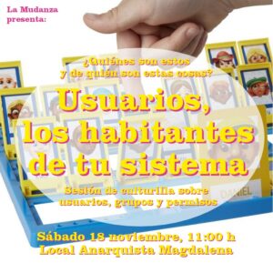 Charla: Usuarios, los habitantes de tu sistema. Sesión de culturilla sobre usuarios, grupos y permisos en distribuciones GNU/Linux.
