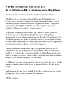 A todas las personas que hacen uso de la Biblioteca del Local Anarquista Magdalena